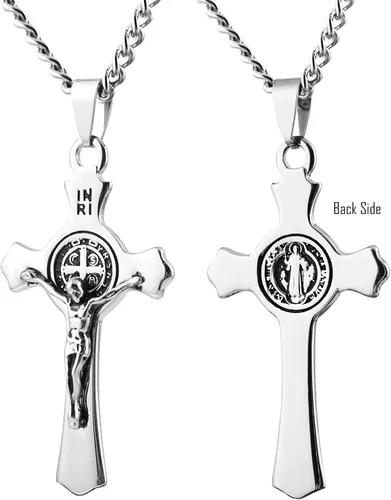 Vista 2 de HZMAN Religión Acero Inoxidable Saint St. Benedict Crucifijo Cruz Colgante Collar INRI
