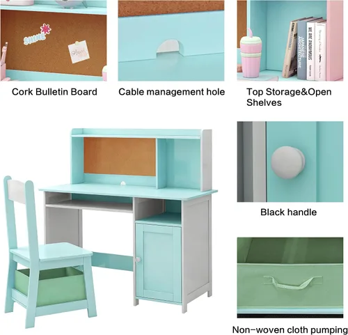 Vista 2 de TaoHFE Silla de Escritorio Azul para Niños, Escritorio para Niños con Almacenamiento y Estante, Conjunto de Escritorio y Silla de Madera para Niños