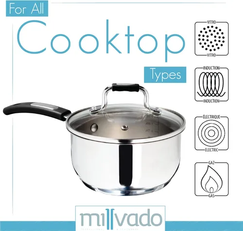 Vista 3 de Millvado Sartén de acero inoxidable de 1.7 cuartos de galón con tapa de vidrio transparente y marcas de medición permanentes, olla de ebullición