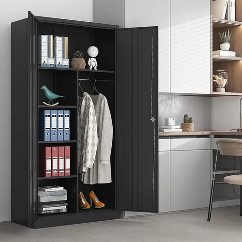 Vista 2 de Yizosh Armario de metal para colgar ropa con puertas de cerradura, armario de acero con cerradura de 72 pulgadas, organizador de ropa para Negro