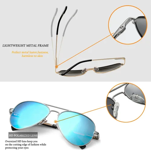 Vista 5 de HJSTES Lentes de sol polarizados estilo aviador para mujeres y hombres, lentes de espejo de metal clásicos, 100% bloqueo UV, 2.283 in