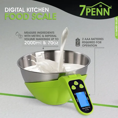 Vista 3 de 7Penn - Báscula digital para alimentos, cuenco de 70 onzas, capacidad de 11 libras, pantalla LCD Battery-powered digital scale, Reads oz, lb, fl