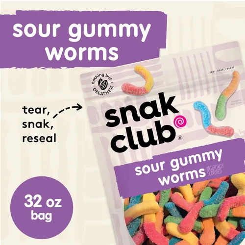 Vista 3 de Snak Club Gusanos de goma agria, gomitas agridulces surtidas, dulces a granel, aperitivos sin gluten, sin OMG, bolsa resellable de 32 onzas