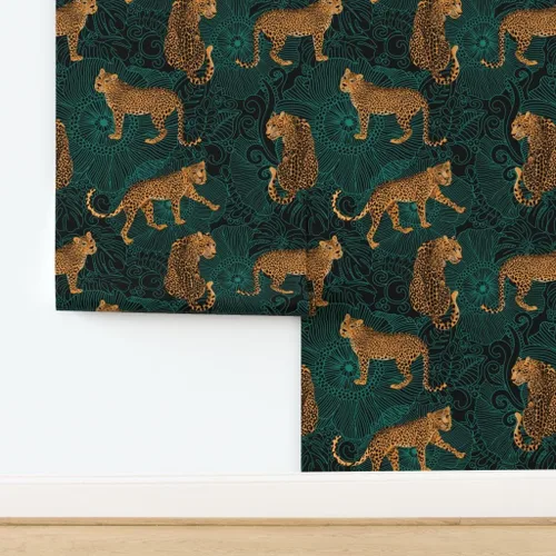 Vista 4 de Spoonflower Papel tapiz para despegar y pegar - Leopardo exótico selva negro verde animal África guepardo tigre papel tapiz extraíble personalizado