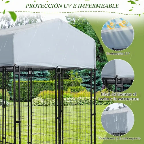 Vista 4 de Perrera para perros al aire libre, recinto para perros de 8 x 4 x 5.7 pies con cubierta de techo impermeable y 2 cuencos giratorios para perros