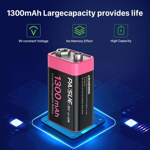 Vista 3 de Baterías recargables de 9 V, baterías de iones de litio de alta capacidad de 1300 mAh de larga duración de 9 voltios con cable de carga rápida USB C
