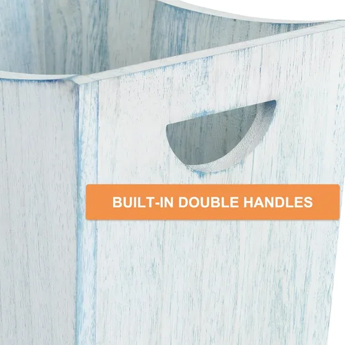 Vista 4 de BTY Cubo de basura de madera rústica para baño, contenedor de basura de madera para cocina, dormitorio, oficina, sala de estar, azul y blanco