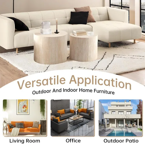 Vista 7 de Juego de 2 mesas auxiliares redondas de travertino de 18 pulgadas (travertino) for Living Room, Travertine Side End Table, Nested Design, Mid