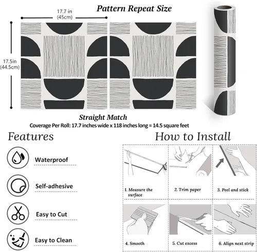 Vista 8 de VEELIKE Papel tapiz moderno de mediados de siglo en blanco y negro, papel tapiz geométrico abstracto para dormitorio, baño, 17.7 x 118 pulgadas