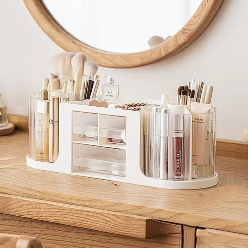 Vista 11 de Organizador de Maquillaje para Encimera, Soporte Giratorio 360° para Brochas de Maquillaje con 2 Cajones, Pequeño Organizador Preppy 9.25x5.11