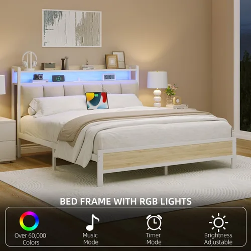 Vista 4 de IMMERSTABLE Base de cama individual con luces LED y estación de carga, cabecera de almacenamiento tapizada, plataforma de metal con listones