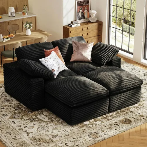 Vista 12 de KKL Sofá modular de 150 pulgadas, sofá modular en forma de U con otomana, sofá de pana sin hueso para sala de estar y dormitorio, sofá modular Negro