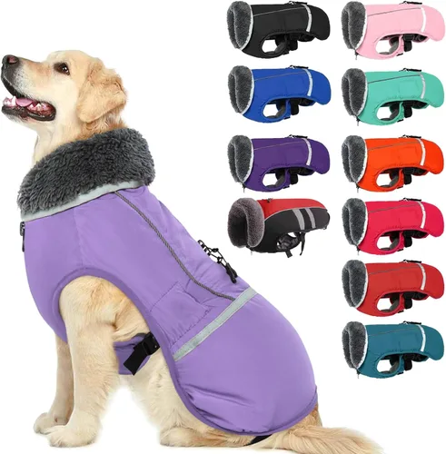 Vista 11 de QBLEEV Abrigo cálido para perro, chaqueta de invierno reflectante, impermeable, resistente al viento, ropa de cuello alto para perro para clima