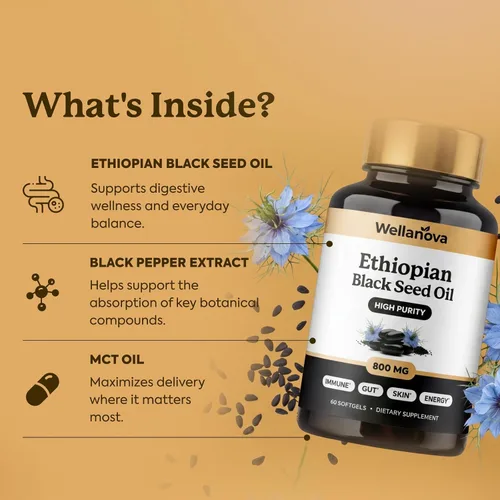 Vista 3 de Cápsulas de aceite de semilla negra etíope – Nigella sativa pura 800 mg con extracto de pimienta negra y aceite MCT, aceite de semilla de comino