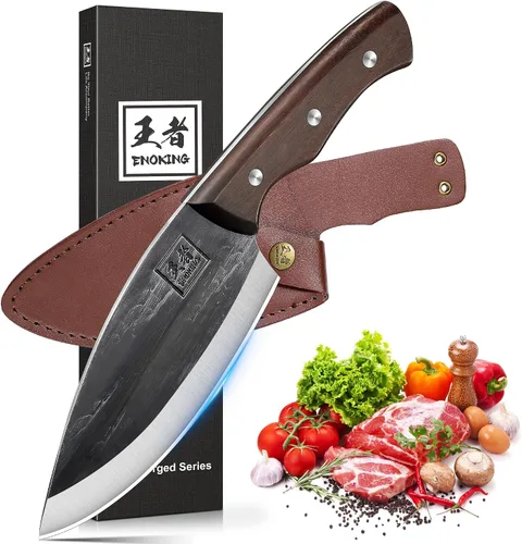 Vista 13 de ENOKING Cuchillo de carnicero de 5.7 pulgadas, cuchillo forjado a mano resistente para huesos con mango de madera, cuchillo de carnicero de espiga