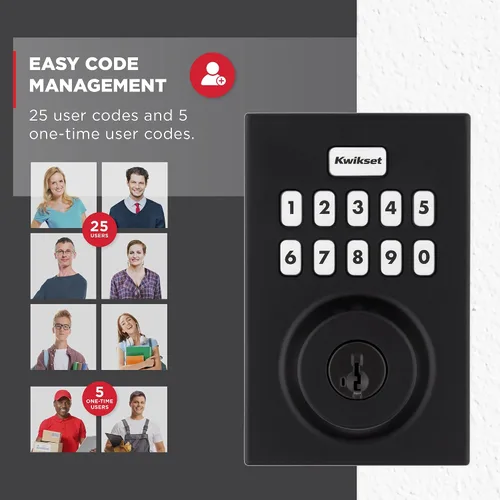 Vista 4 de Kwikset Powerbolt 250 - Cerradura electrónica contemporánea con teclado de 10 botones, color negro mate, con cómoda entrada sin llave, códigos