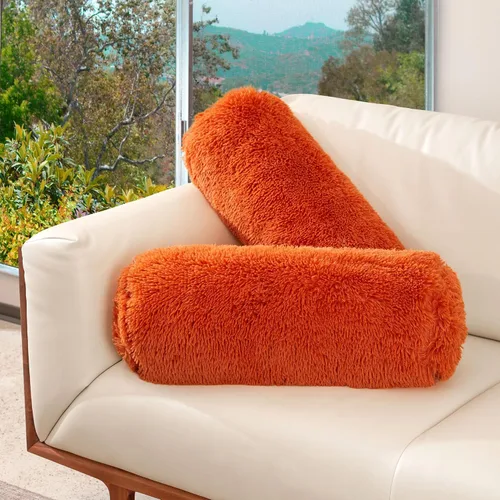 Vista 11 de Cheer Collection Juego de 2 almohadas de cojín peludas, almohadas cilíndricas decorativas para cama y sofá, almohada de cuello redondo, almohada