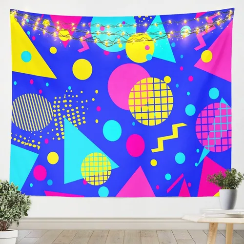 Vista 8 de Tapiz retro de los años 80 y 90, tamaño pequeño de 51 x 59, tapices geométricos abstractos urbanos modernos y colgantes de pared triangulares, arte