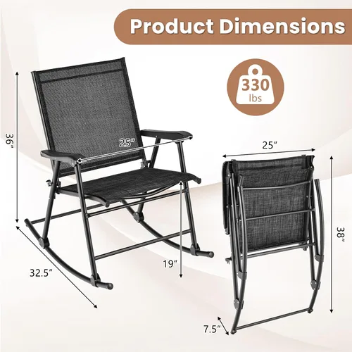 Vista 3 de Tangkula Juego de 2 mecedoras plegables para patio con tela de asiento transpirable y marco de metal resistente, movimiento mecedor suave, balancín