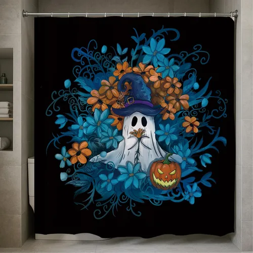 Vista 4 de GPGHE Cortina de ducha para decoración de Halloween, con 12 ganchos, 71 x 71 pulgadas
