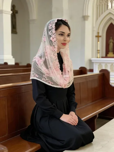 Vista 2 de Encaje Capilla Velo Mantilla Infinity Veil Multicolor Bordado Cherry Blossom Style Latin Mass M7 Rosa (Cherry Blossom Pink)