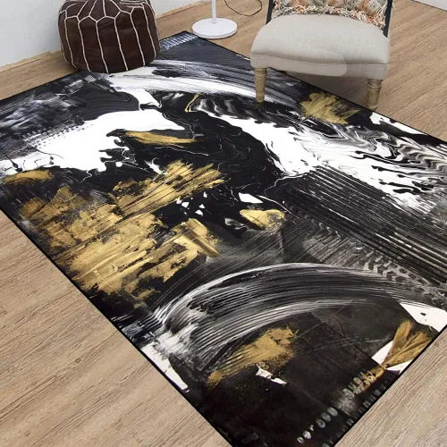 Vista 4 de TOMWISH - Alfombra abstracta pintada a mano en blanco y negro con pintura dorada, sala de estar, dormitorio, decoración de suelo, alfombra