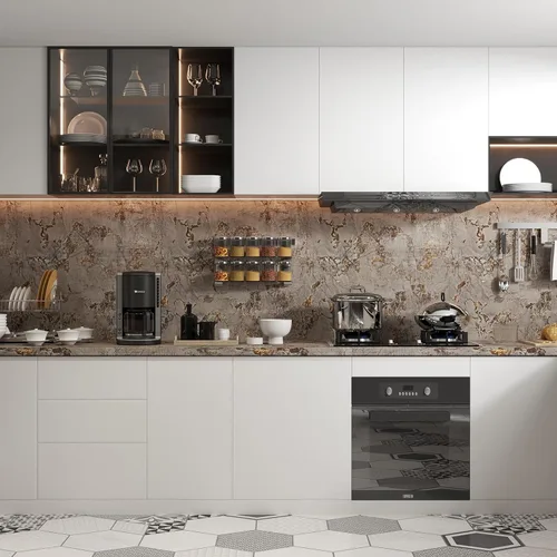 Vista 4 de Papel tapiz de mármol gris despegable y adherible 32"×157", papel de contacto de granito dorado, grueso, autoadhesivo, envoltura de vinilo brillante
