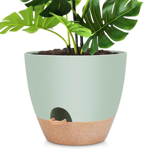 Vista 9 de YNNICO Macetas de 10/9/8/7.5/7 pulgadas, macetas de riego automático con agujeros de drenaje y platillos para plantas de interior y exterior (negro)