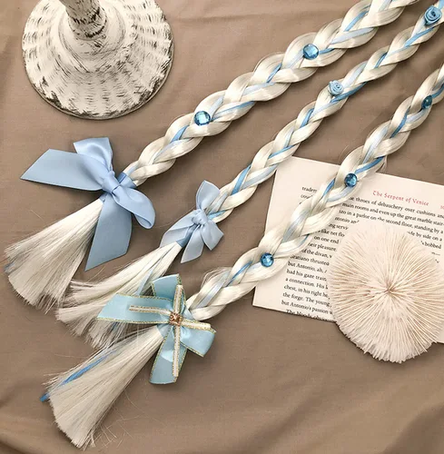 Vista 2 de Sheliky Pelucas de vestir de princesa, peluca larga trenzada con diadema para niñas, cosplay, accesorio de disfraz de princesa, 2 piezas (01)