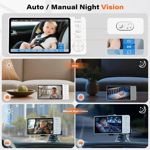 Vista 3 de A2C Cámara inalámbrica para automóvil de bebé, monitor de bebé alimentado por USB para asiento trasero y hogar, pantalla