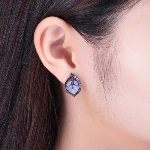Vista 4 de Aretes de ópalo para mujer, chapados en oro de 18 quilates, flores, hoja, árbol de la vida, estrella de luna, universo, ópalo, joyería, aniversario