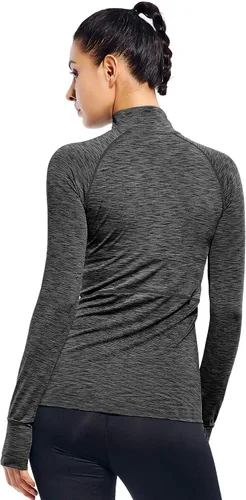 Vista 3 de Zengjo - Tops de entrenamiento con cremallera de un cuarto y manga larga para mujer, suéter de running con cremallera de 1/4 Negro/Gris