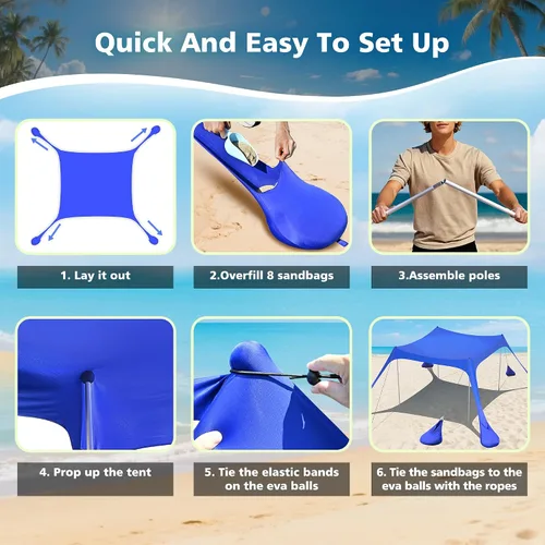 Vista 6 de 2PM SPORTS Toldo de Carpa de Playa con Protección UV UPF50+, Refugio Grande de Sombra Solar para Exteriores para Picnic Familiar, Camping, Viajes