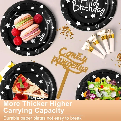 Vista 5 de Platos de papel de fiesta de feliz cumpleaños, platos de postre negros, 7 pulgadas, 50 unidades, lunares de aluminio para decoraciones de fiesta