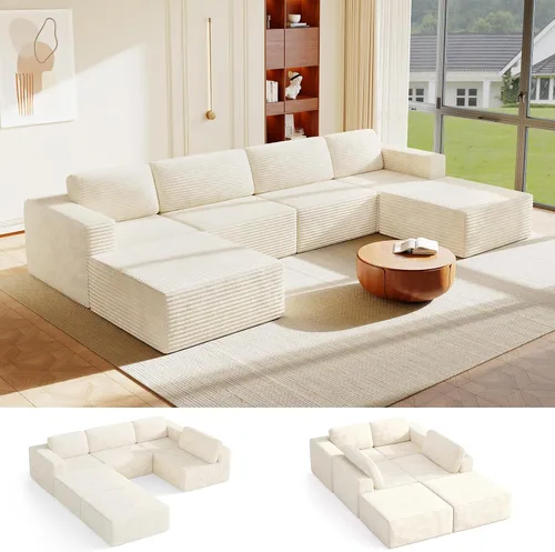 Vista 24 de Vesgantti Sofá modular en forma de U de 119 pulgadas, sofá modular de pana con asiento profundo y soporte de resortes, sofá convertible con 2 Beige