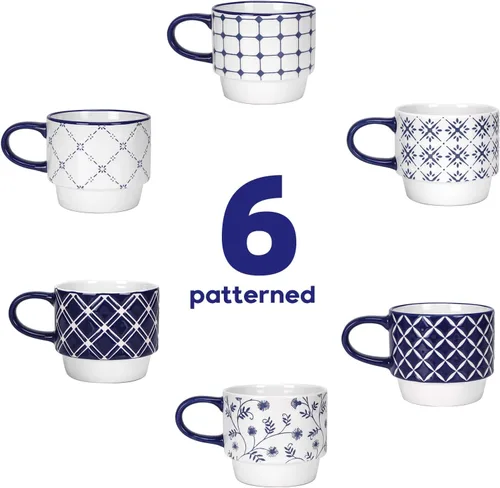 Vista 9 de Schliersee Juego de 6 tazas de café de cerámica apilables de 12 oz, taza pequeña con patrón geométrico floral, taza de café de porcelana azul