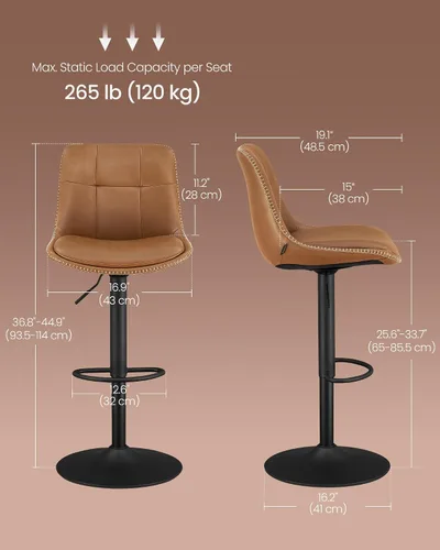 Vista 3 de VASAGLE Taburetes de bar, juego de 2 sillas de bar giratorias, altura ajustable, acolchado, taburetes de cocina de cuero sintético con respaldo