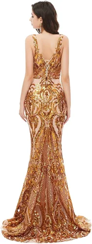 Vista 5 de Leyidress Vestido de fiesta de sirena con cuello en V y lentejuelas para mujer, sin mangas, vestido de noche de trompeta para desfile