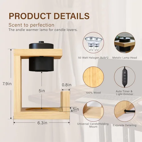 Vista 2 de AIKUT Lámpara Calentadora de Velas, con 2 Bombillas, Temporizador y Regulador de Intensidad, Madera Natural Simple, Compatible con Velas de hasta