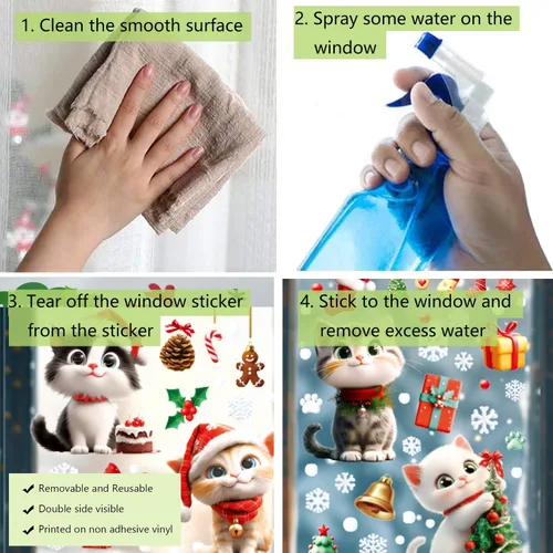 Vista 3 de Calcomanías de gato para ventana de Navidad, 9 hojas de decoración de Navidad, campanas de árbol de gato, calcomanías para fiestas de vacaciones