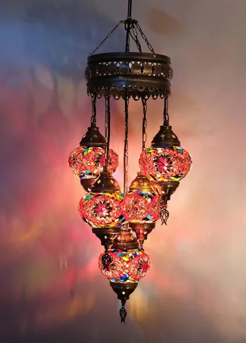 Vista 6 de Asylove Candelabros turcos de 5 globos, lámpara colgante de mosaico, iluminación de techo marroquí Art Deco de 5 globos, 5 pulgadas de altura total