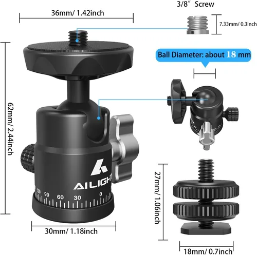 Vista 7 de Ailight Mini cabeza de bola, cabezal de trípode panorámico de 360°, adaptador de tornillo universal de 1/4 a 3/8 pulgadas, soporte de trípode