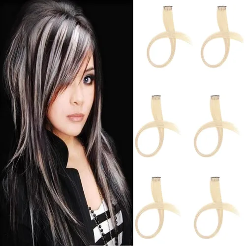 Vista 5 de Extensiones de cabello humano con clip, de 18 pulgadas, rubio decolorado, 100% real, extensiones de cabello con clip para mujer, 6 piezas de cabello