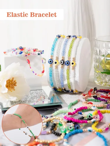 Vista 3 de 24 pulseras con cuentas contra el mal de suerte, pulsera elástica hecha a mano, pulseras mexicanas duraderas, delicadas de Mal de Ojo, joyería