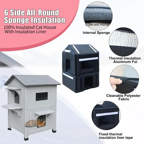 Vista 7 de Casa de plástico para gatos al aire libre – Casa para gatos para exteriores con forro aislante para invierno, 100% resistente a la intemperie