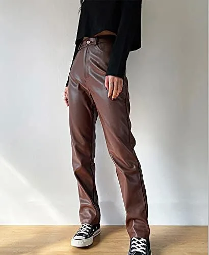 Vista 3 de Pantalones de piel sintética para mujer, cintura alta, pierna recta, pantalones de poliuretano vintage Y2k, ropa de calle sexy y holgada