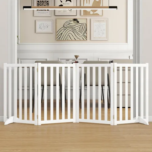 Vista 9 de Puerta independiente para mascotas de 30 pulgadas de altura, valla de seguridad plegable de madera maciza con 2 pies de soporte, ideal para Roble