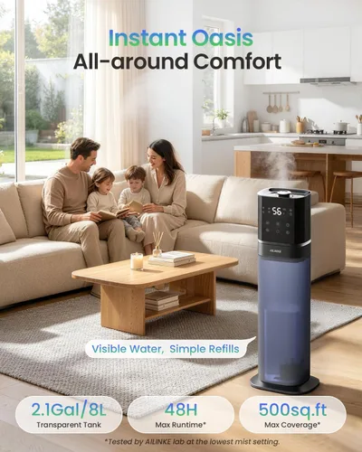 Vista 2 de Humidificador inteligente para habitación grande, humidificadores de 2.1 galón/8 litros para dormitorio con tubo extendido y luz nocturna