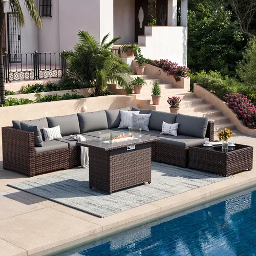 Vista 16 de Juego de muebles de patio, sofá seccional de mimbre para exteriores Beige/Negro