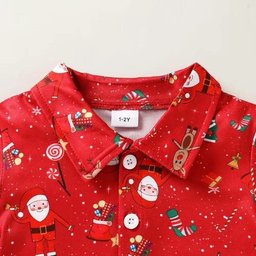 Vista 4 de JEELLIGULAR Conjunto de pantalones cortos y camisa con botones y estampado de Papá Noel para niños pequeños